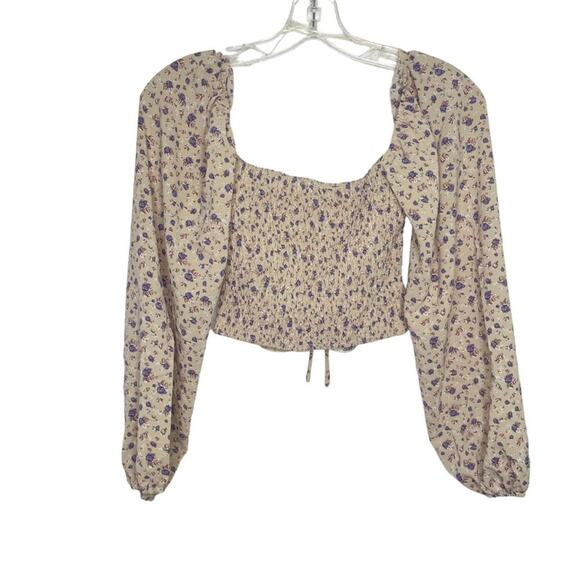 Blush Womens Top Size S Brown Floral Long Sleeve Cropped Casual Blouse - Picture 2 of 11